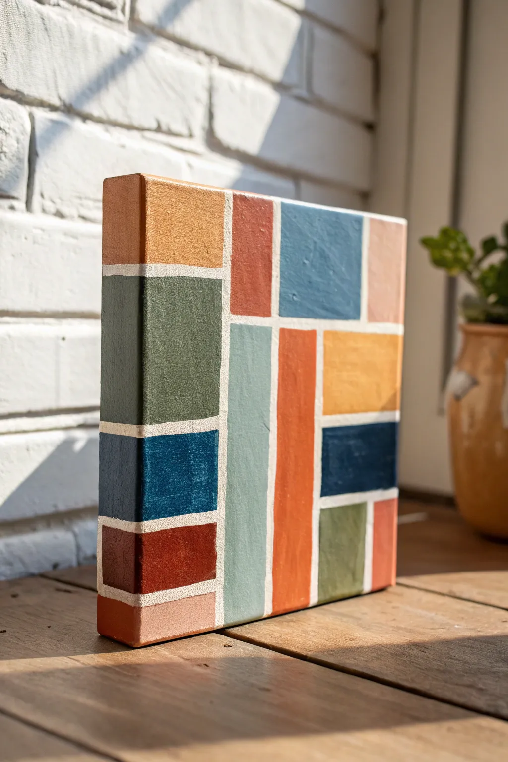 Mini abstract color blocks in bold hues with fine line accents for a modern, easy painting idea