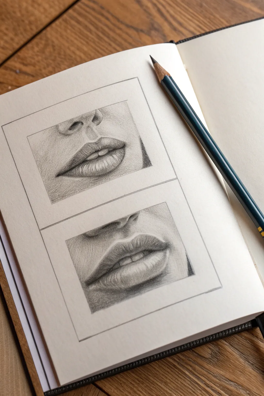 Nose and lips value studies in graphite, focusing on smooth blending and clean edges.