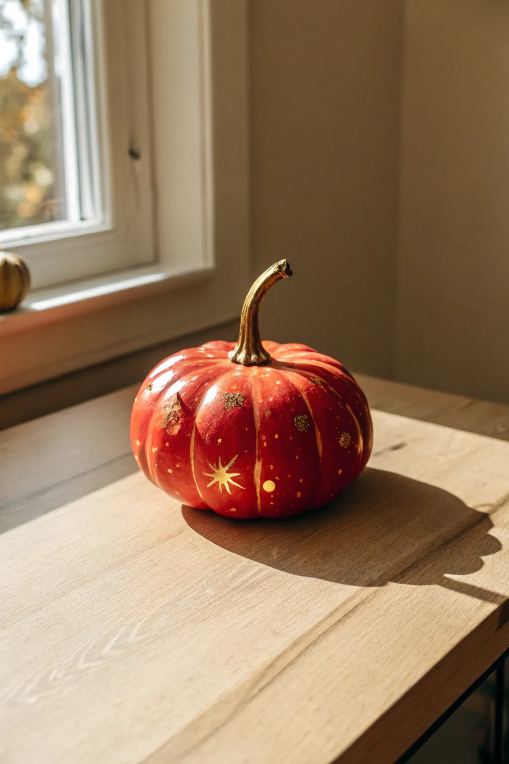 Glossy red pumpkin with a metallic gold stem and subtle splatter for cozy modern boho charm