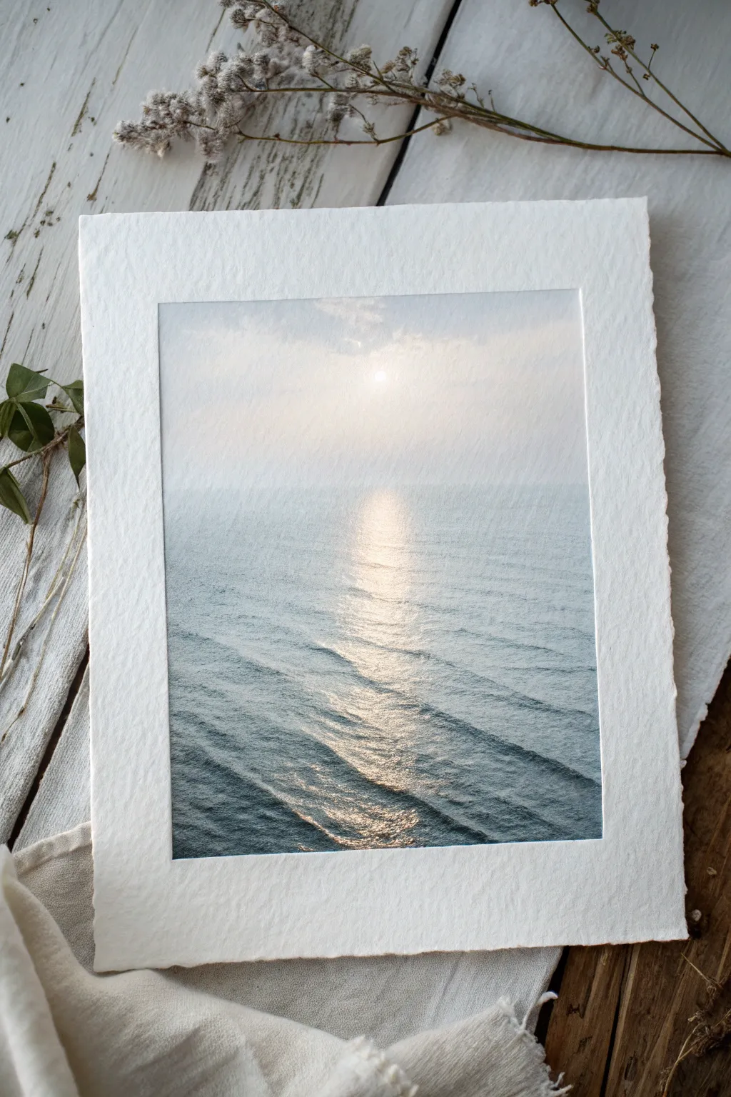 Calm ocean horizon with soft brushstrokes and a quiet sun path, perfect for unwinding