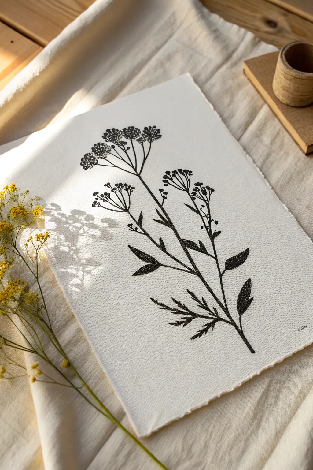Airy linocut wildflower sprig with bold outlines and crisp carved highlights on white paper.