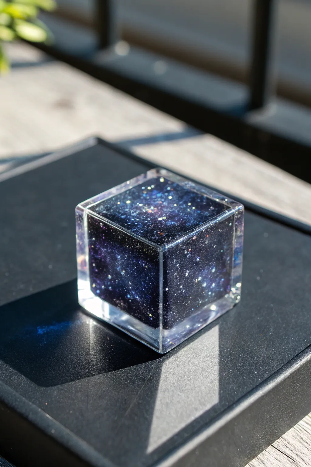 Glitter galaxy resin cube inspiration with deep space swirls and star-like sparkle