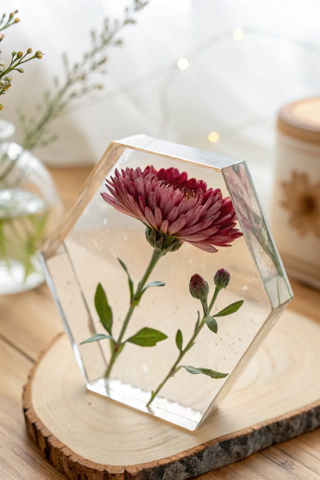 Hexagon resin flower block with a suspended bloom, minimalist styling and crisp natural contrast