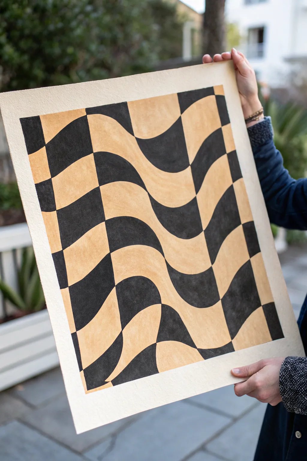 Retro wavy checkerboard in black and cream, minimalist contrast with a soft boho ripple