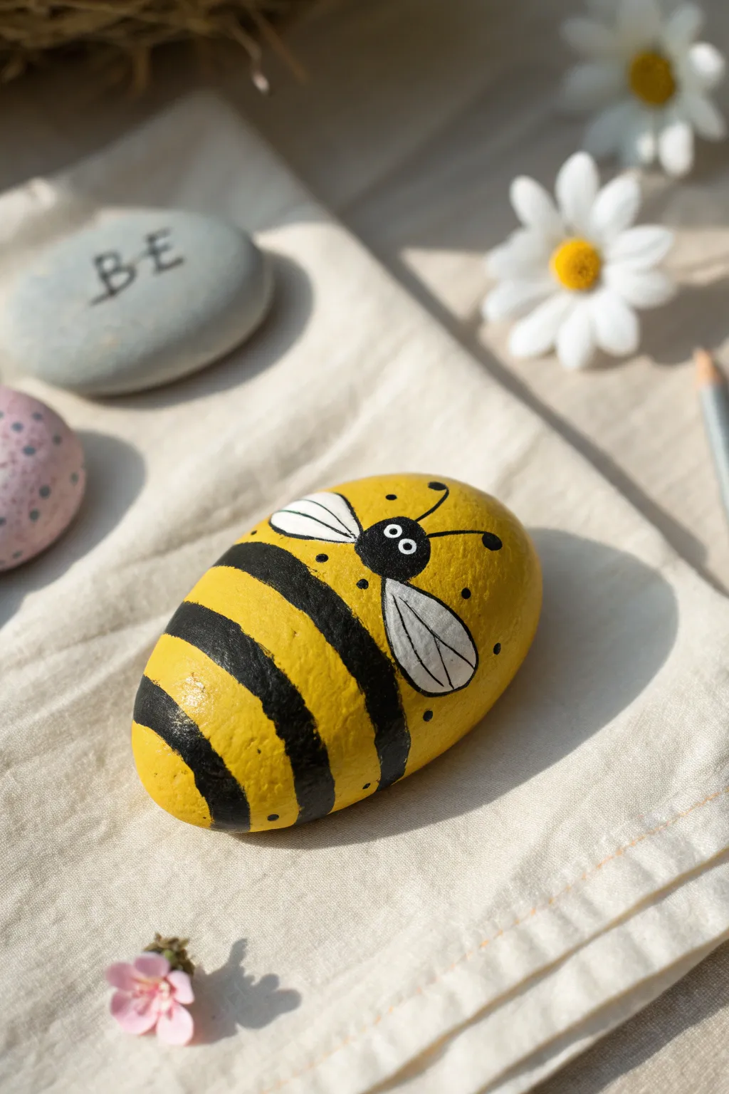 Bold bumblebee stripes on a smooth river rock, minimalist boho flat lay with sunny contrast.