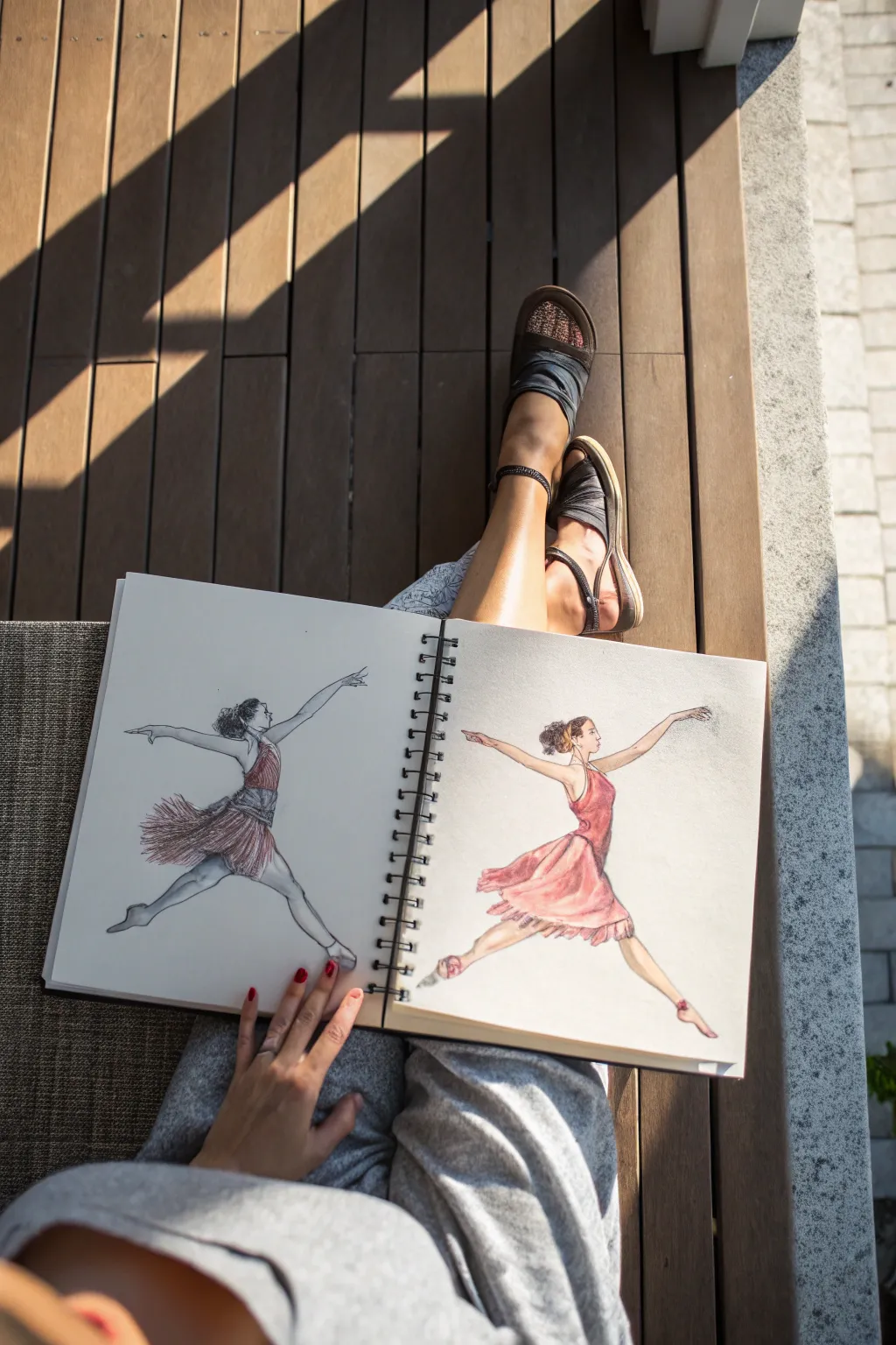 Sketch a roaring 20s Charleston kick pose with fringe, motion lines, and minimalist flair