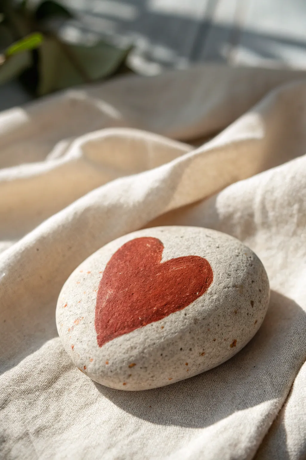 Simple heart kindness rock painting idea in soft Scandinavian light, minimal and calming