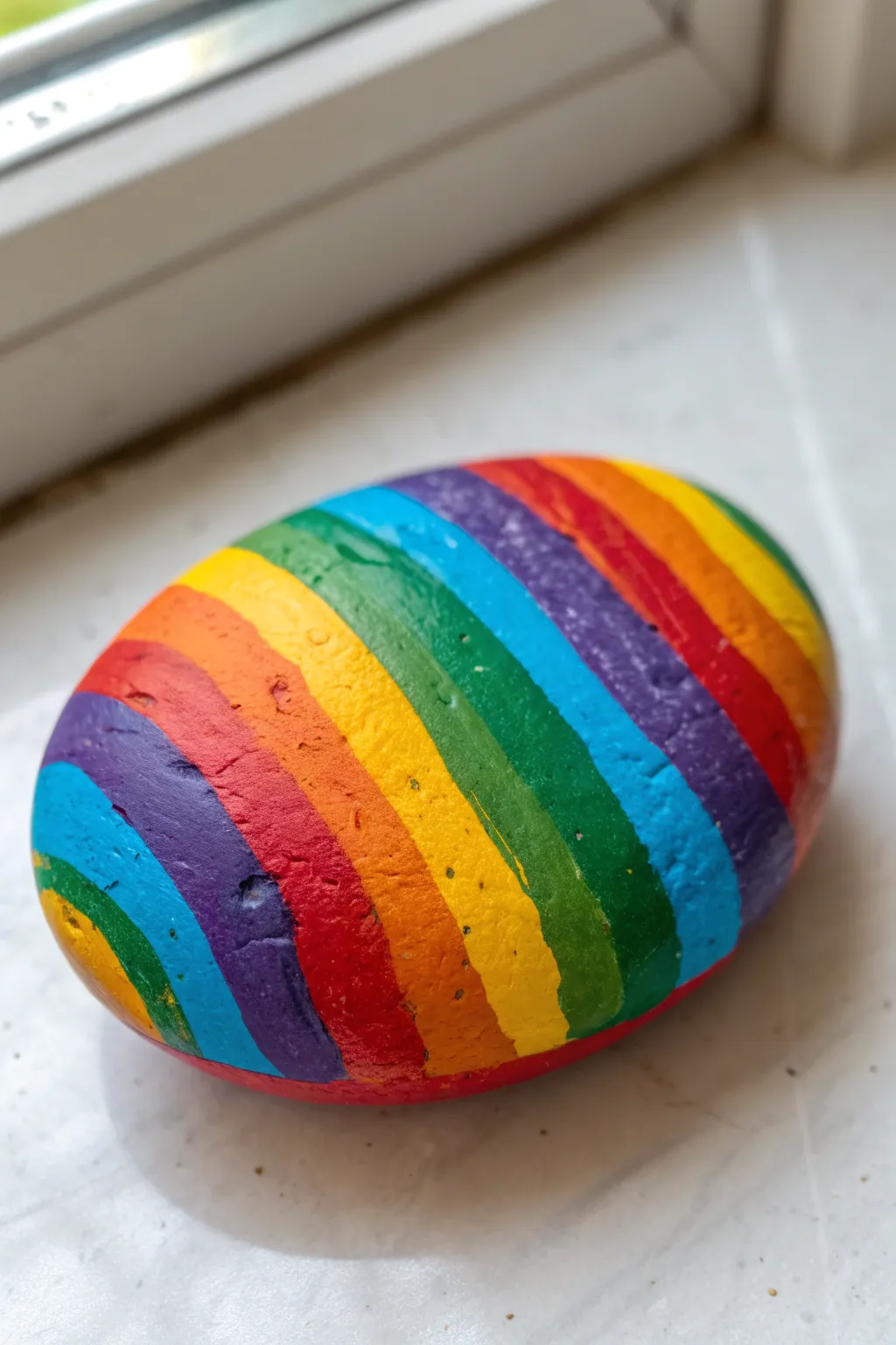 Bright rainbow stripe rock in a clean flat lay, simple and fun for kids to recreate
