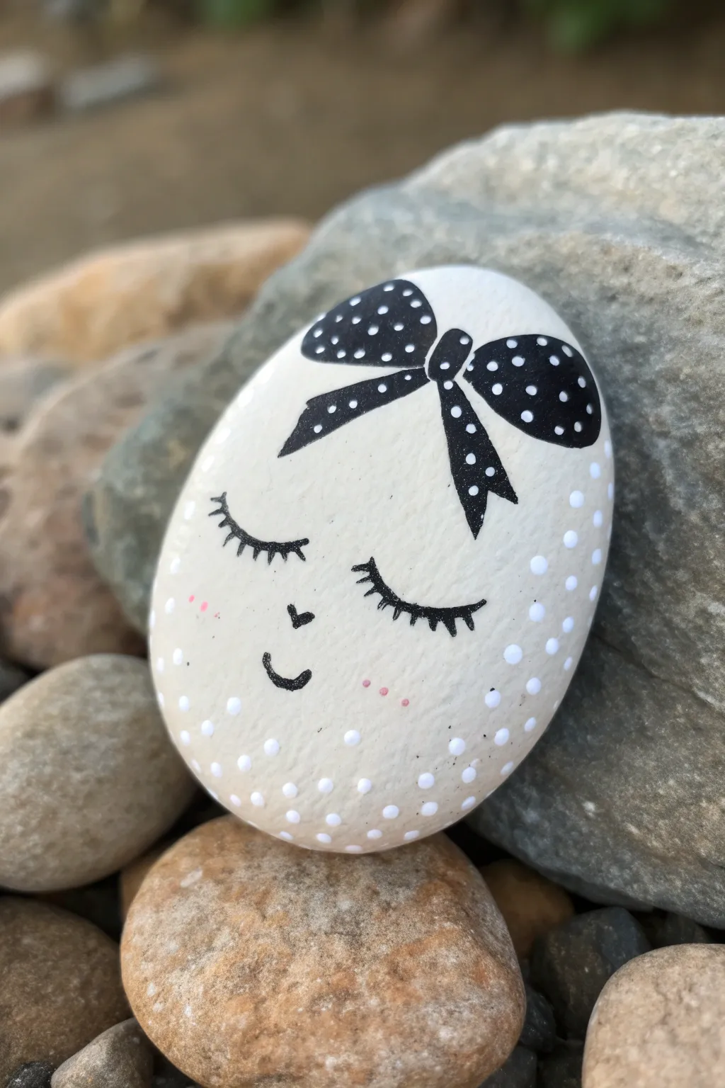 Disney-inspired polka-dot bow rock with minimal lashes and crisp contrast, Scandinavian boho vibe.