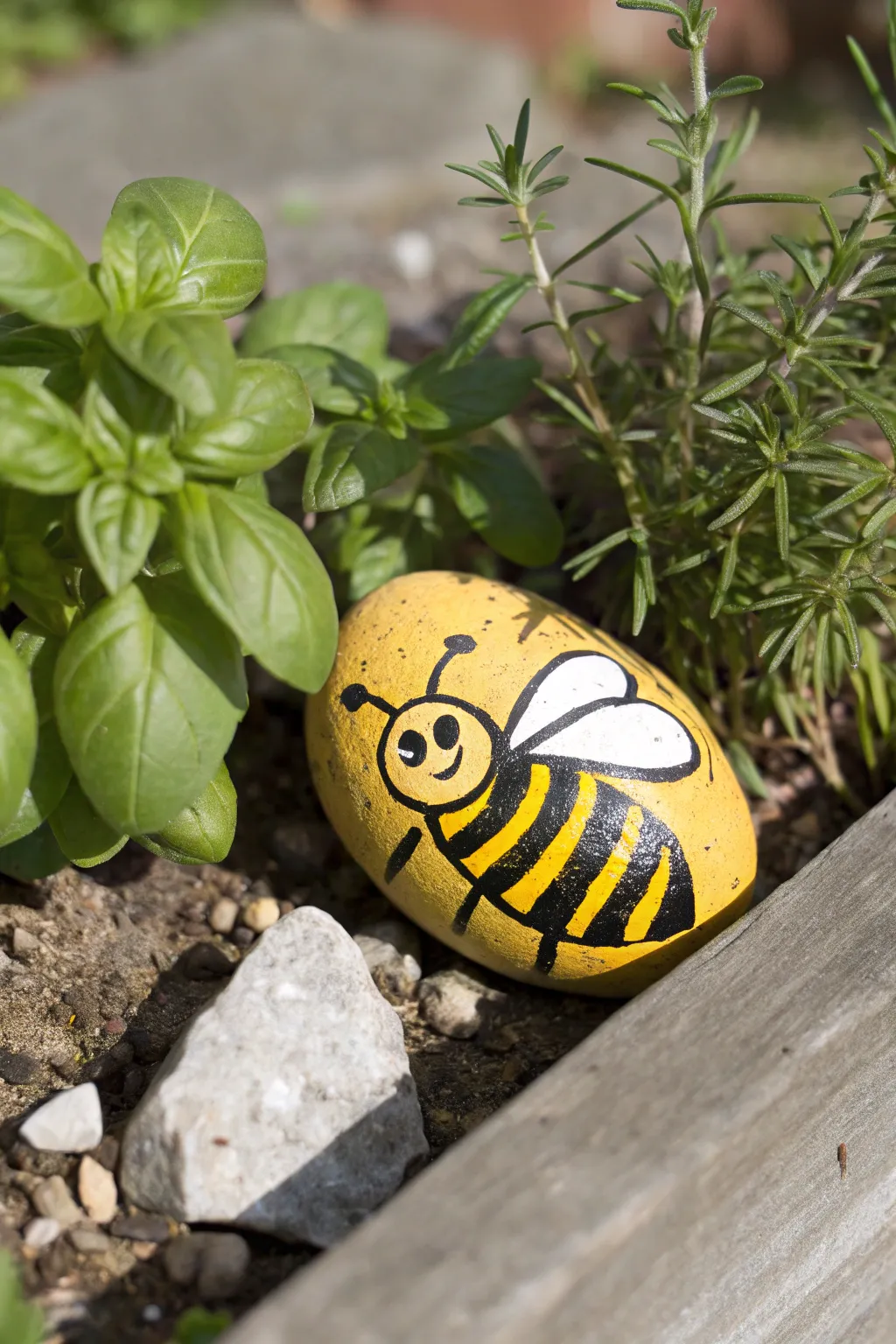Sunlit handmade bee rock tucked among basil and rosemary for a simple, charming garden detail