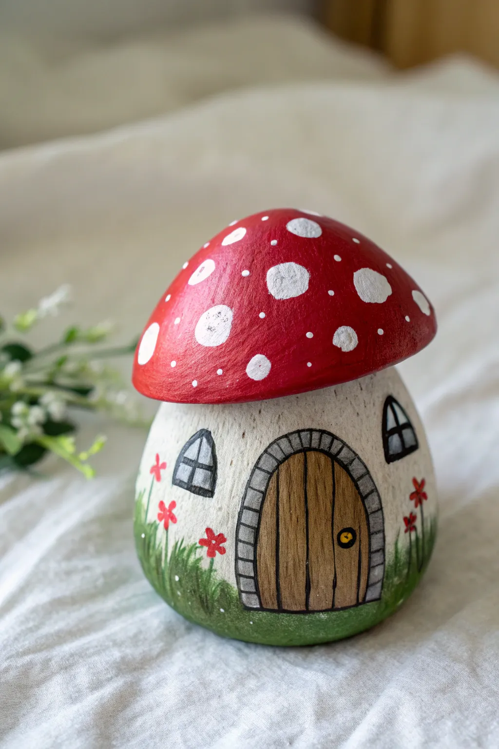 Paint a sweet mushroom-roof fairy house on a rock, with a tiny door and dotted wildflowers