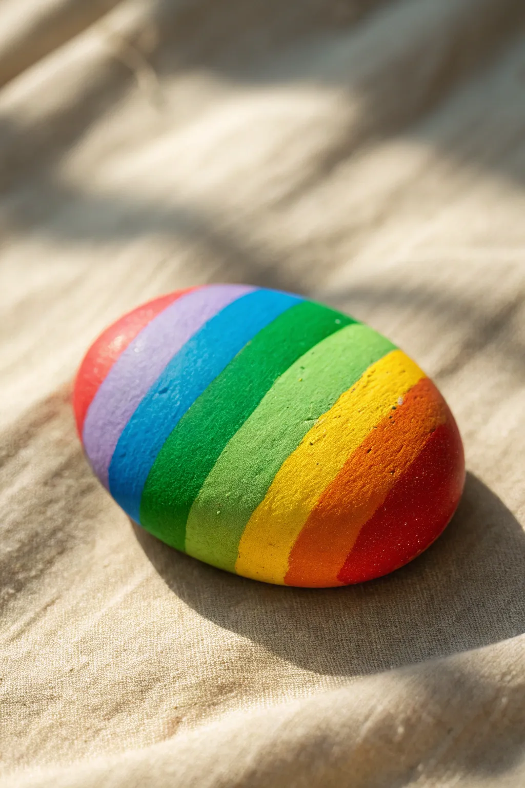 Bold rainbow stripe rock on warm linen for minimalist boho craft inspiration and high contrast color pop