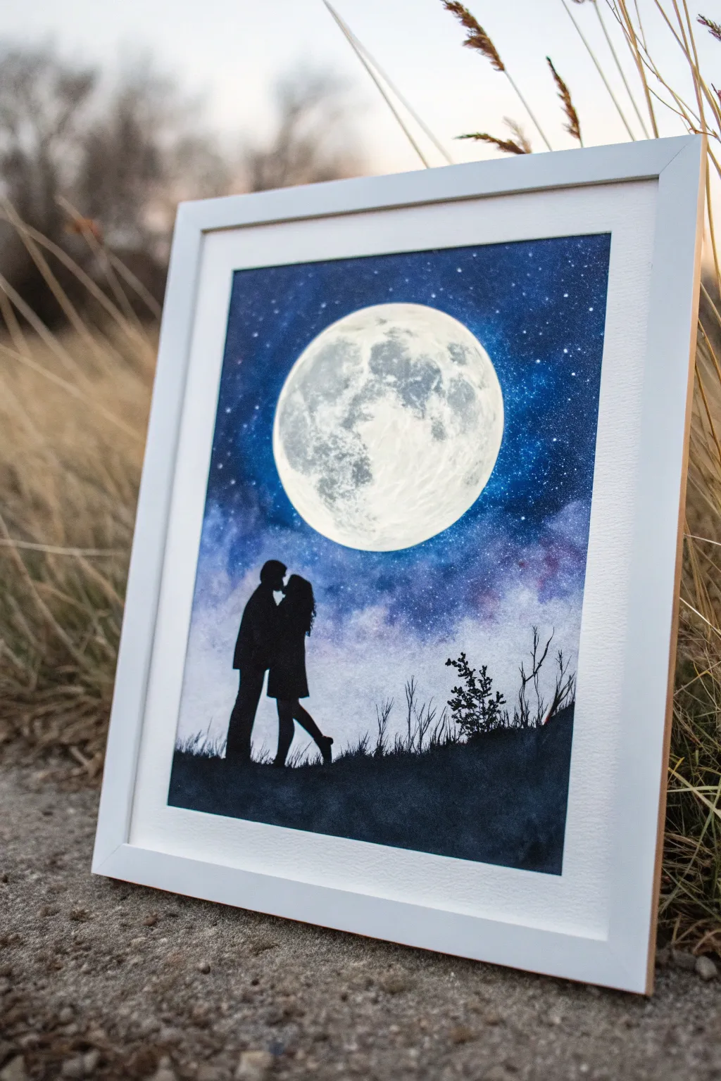 Minimalist moonlit kiss painting idea with glowing full moon and soft clouds for romance.