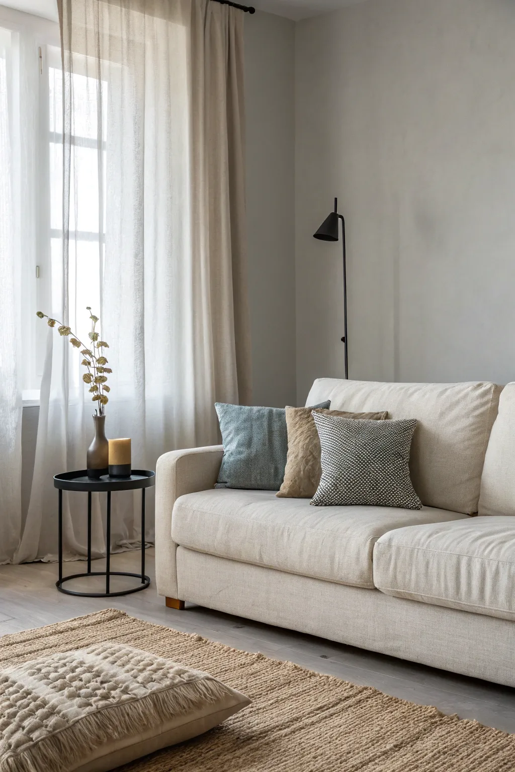 Soft greige walls keep the look calm and flexible, pairing beautifully with warm and cool accents.