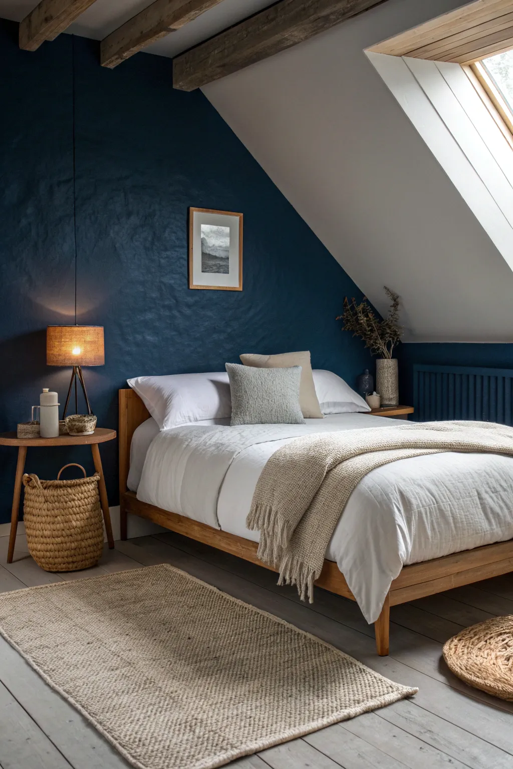 Cocoon bedroom inspo: one deep wall-and-ceiling hue, warm lamp glow, light linen bed