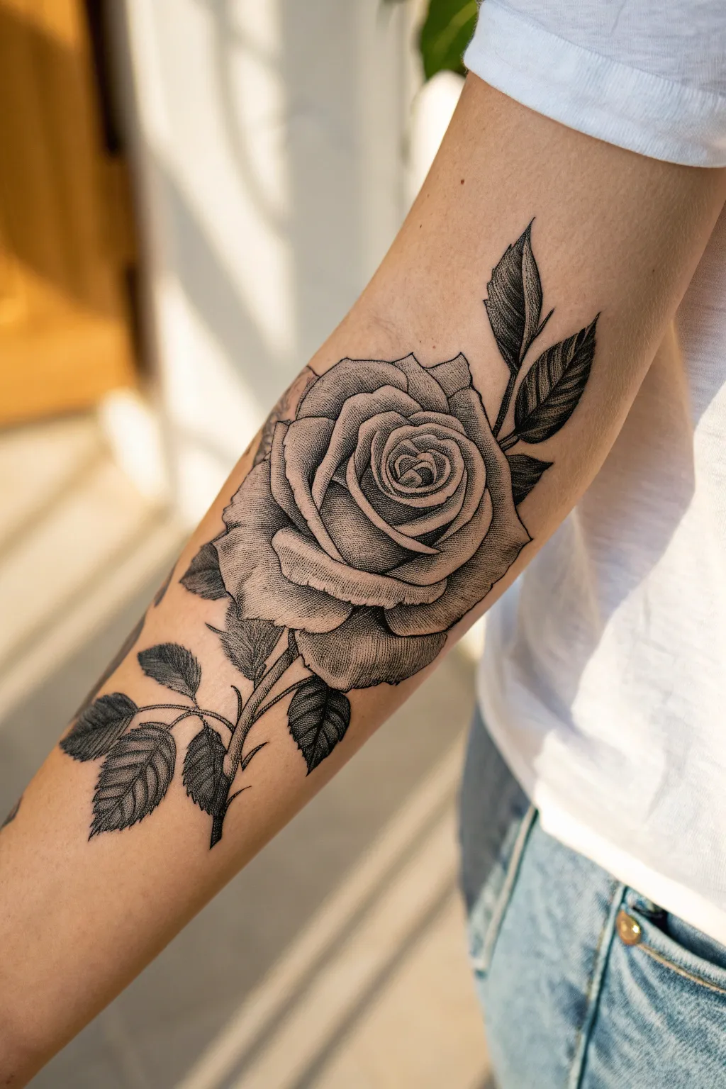 Black-and-gray realism rose tattoo: velvety petal shading and crisp highlights on forearm.