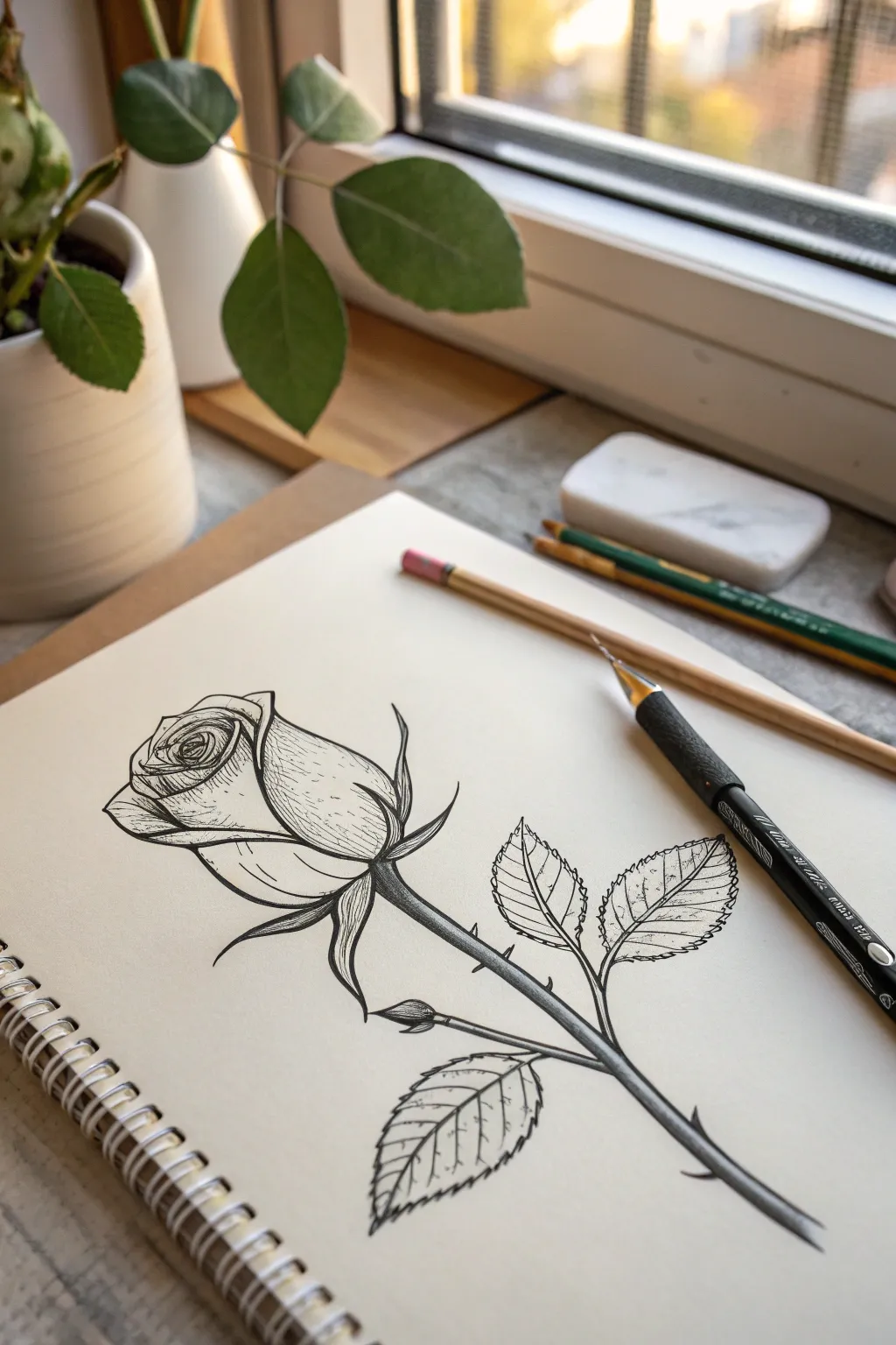 Simple rosebud sketch with pointed sepals and a short stem, perfect for minimalist practice.