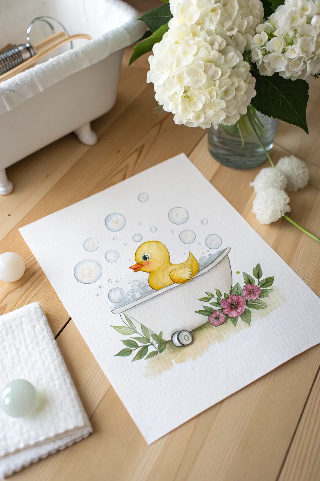 Create a splash with this whimsical watercolor rubber duck and bubbles painting idea.