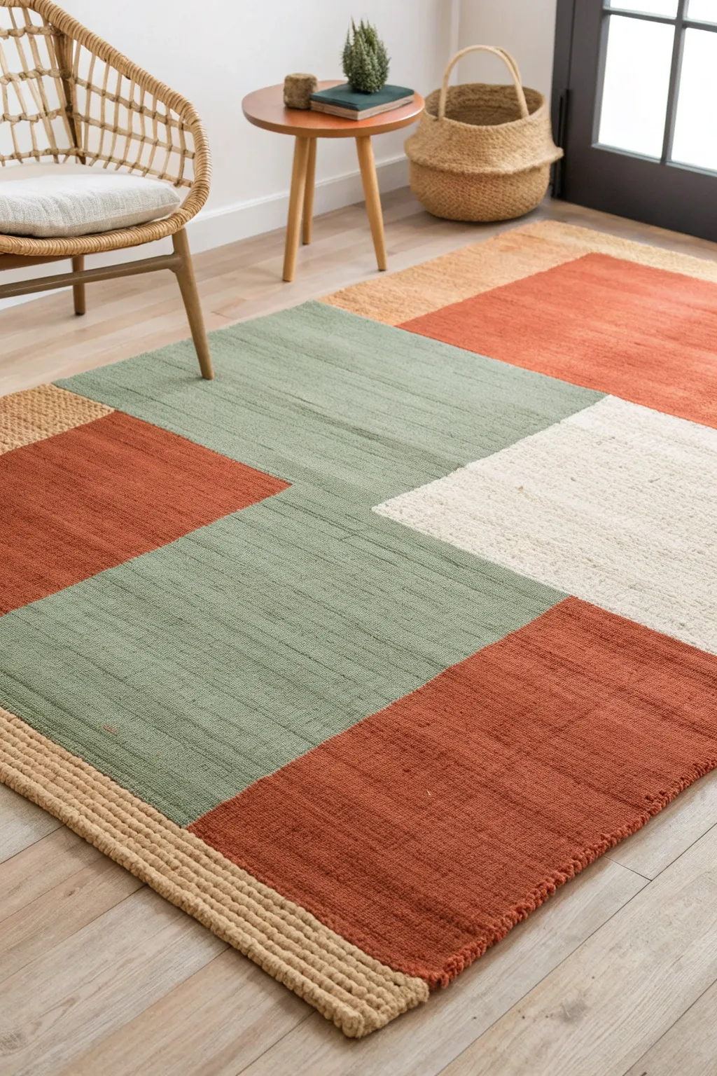 Bold color block rectangle rug painting idea that adds modern contrast to a calm Scandinavian room