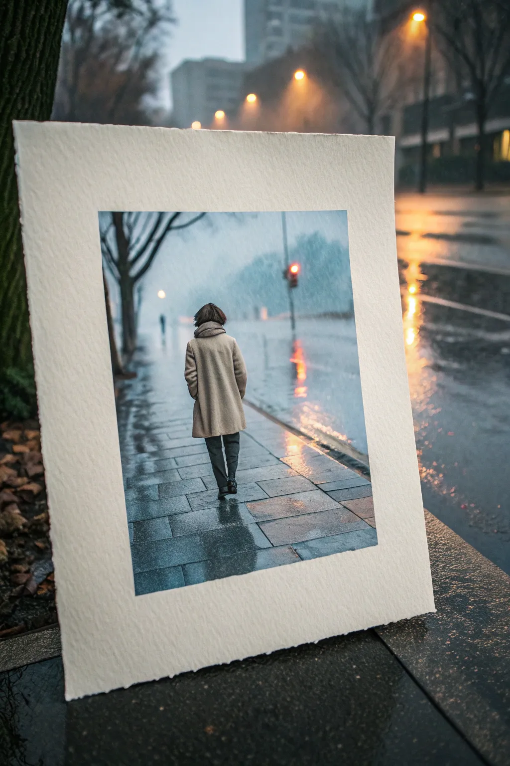 Lonely figure under rain and a distant streetlight glow, perfect for sad watercolor practice.