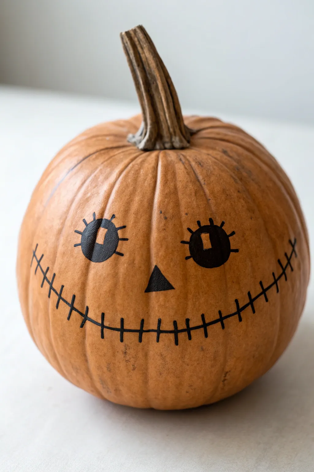 Minimal stitched smile pumpkin with hatch marks, soft shadow, and clean Scandinavian contrast