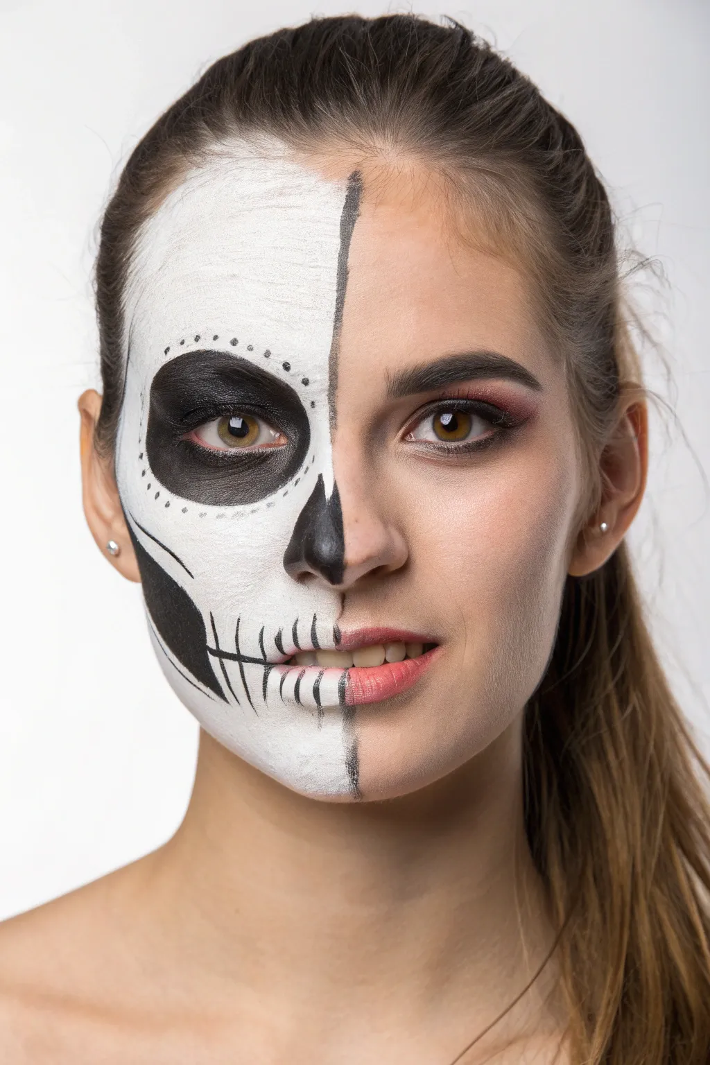 Easy half-skull face paint with a crisp center split, minimalist style, and bold Halloween contrast.