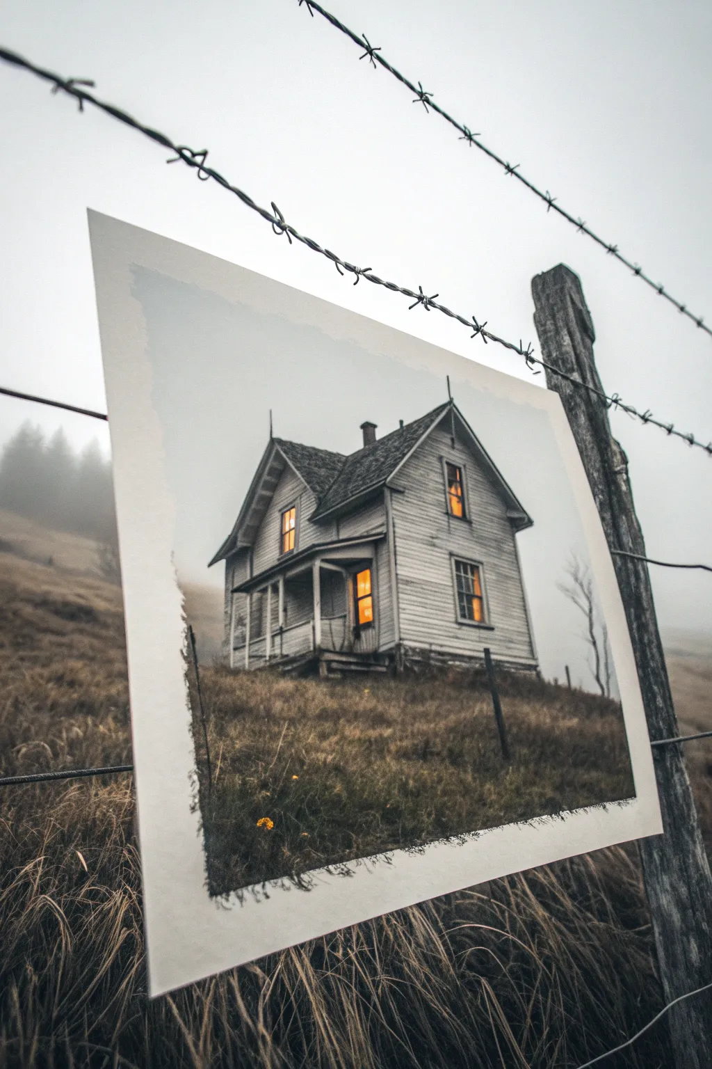 Haunted house on a misty hill, crooked windows and one glowing light in minimalist boho style