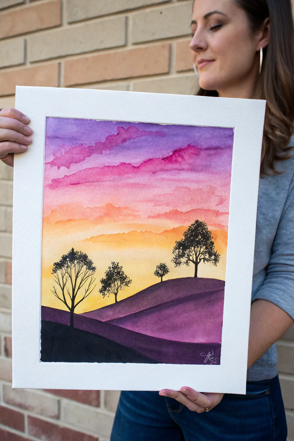 Sunset gradient over rolling hills, simple silhouettes and bold contrast for an easy scenic painting