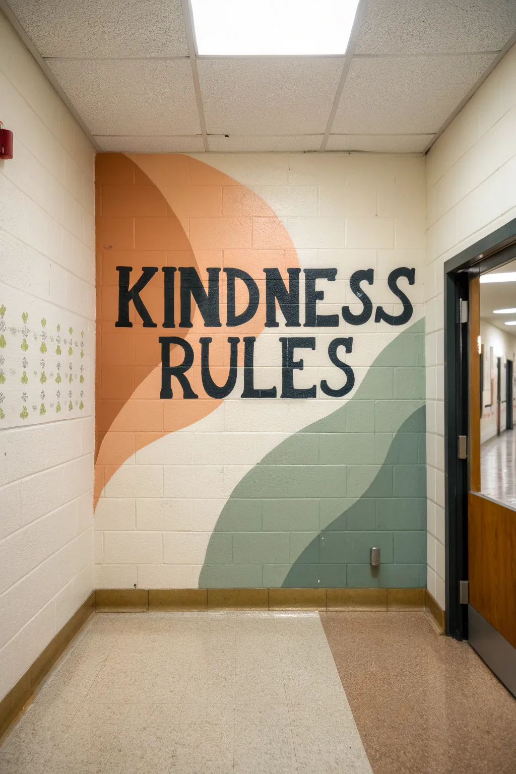Minimal hallway mural with bold kindness lettering and soft boho shapes for daily reminders.