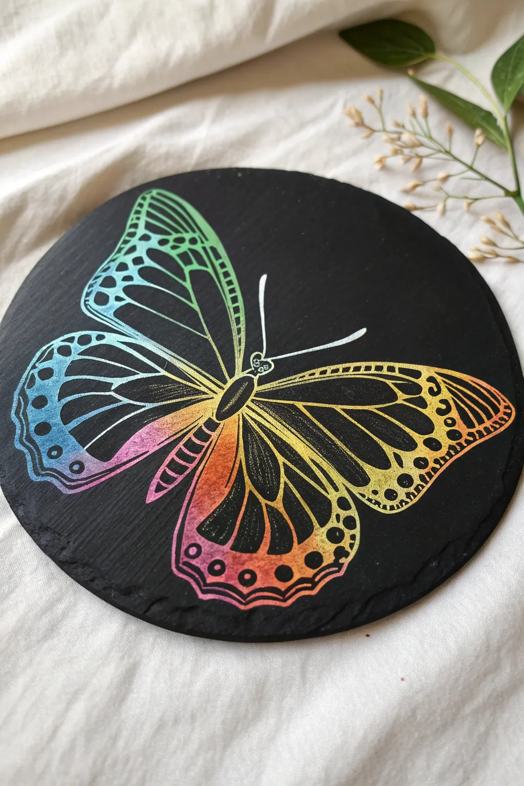 Scratch a bold butterfly with simple patterns to reveal vibrant rainbow color shifts beneath black.