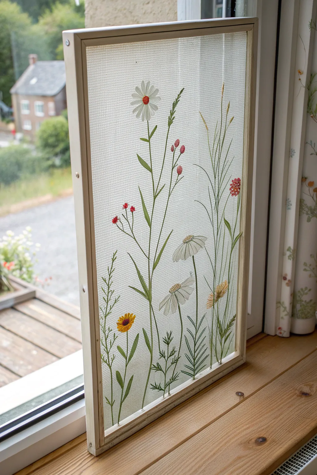 Loose wildflower meadow on mesh, backlit by a window for airy, boho-minimal charm today