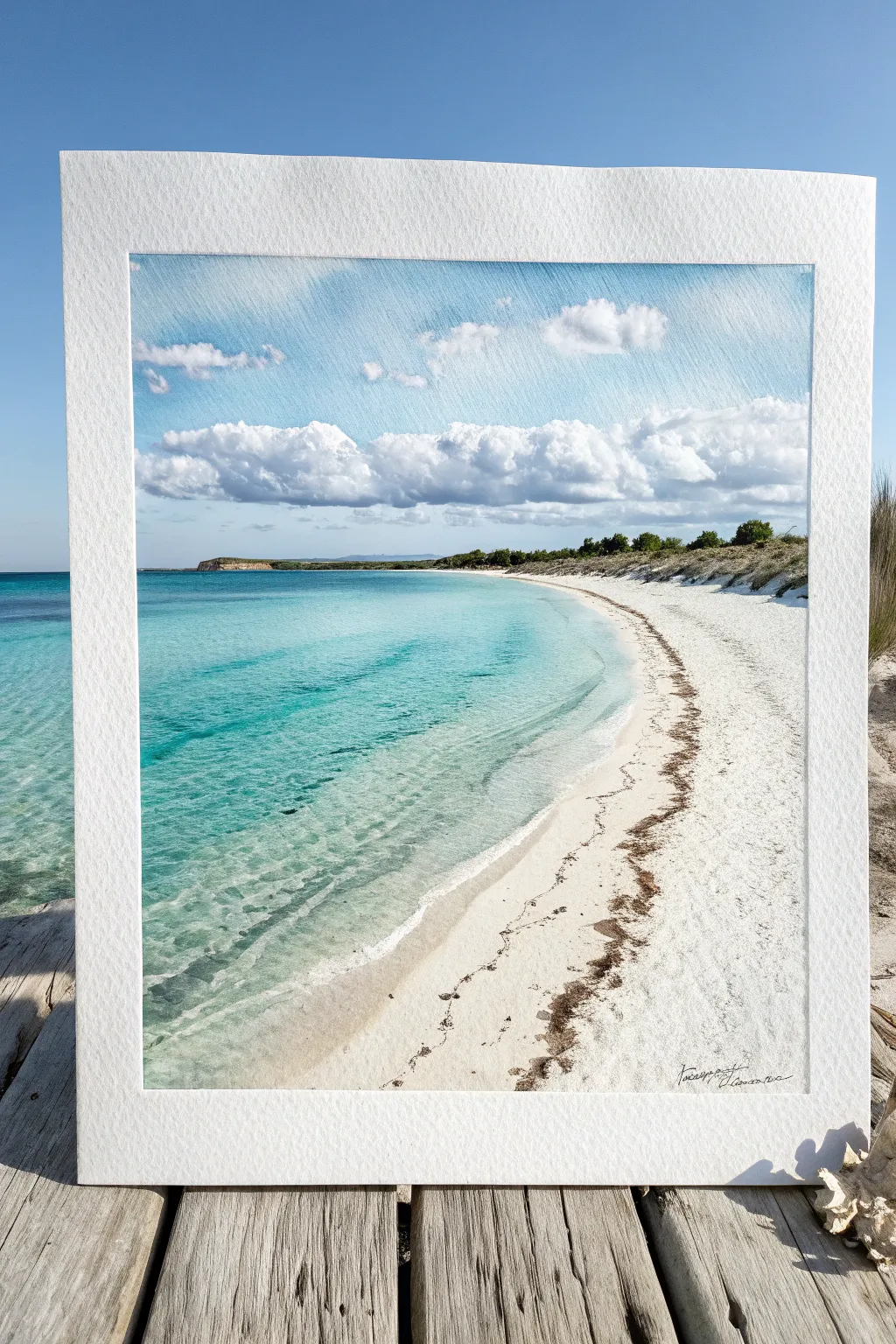Bright midday turquoise shore and sand, minimalist watercolor inspiration for your next painting.