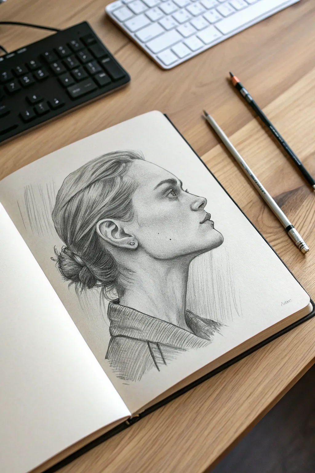 Three-quarter self-portrait sketch in a clean sketchbook for instant depth and structure