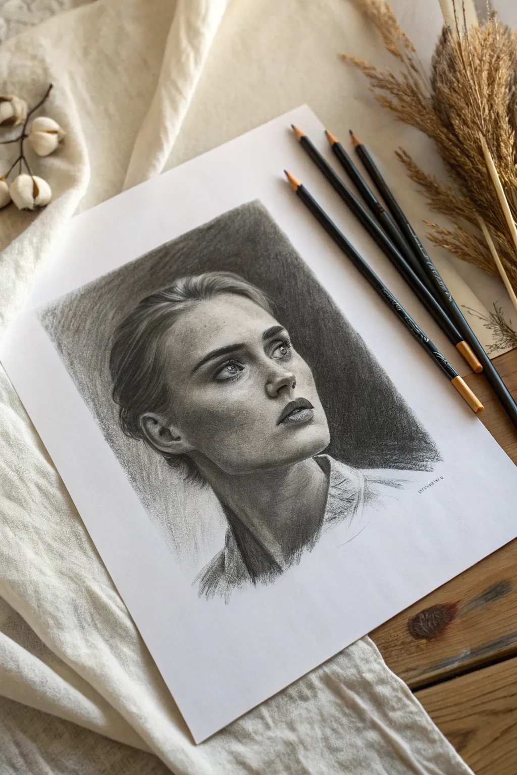 Bold three-value charcoal self-portrait study with gritty tools, minimalist Scandinavian styling