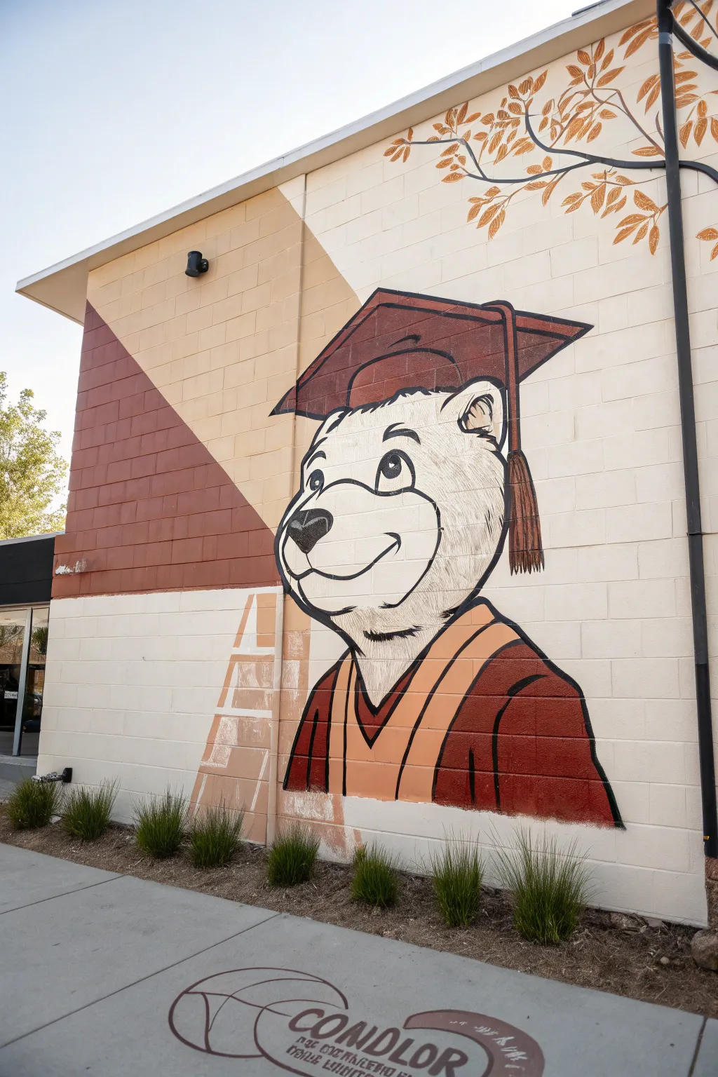 Minimal mascot mural centerpiece with senior energy, bold contrast, and calm Scandinavian boho style