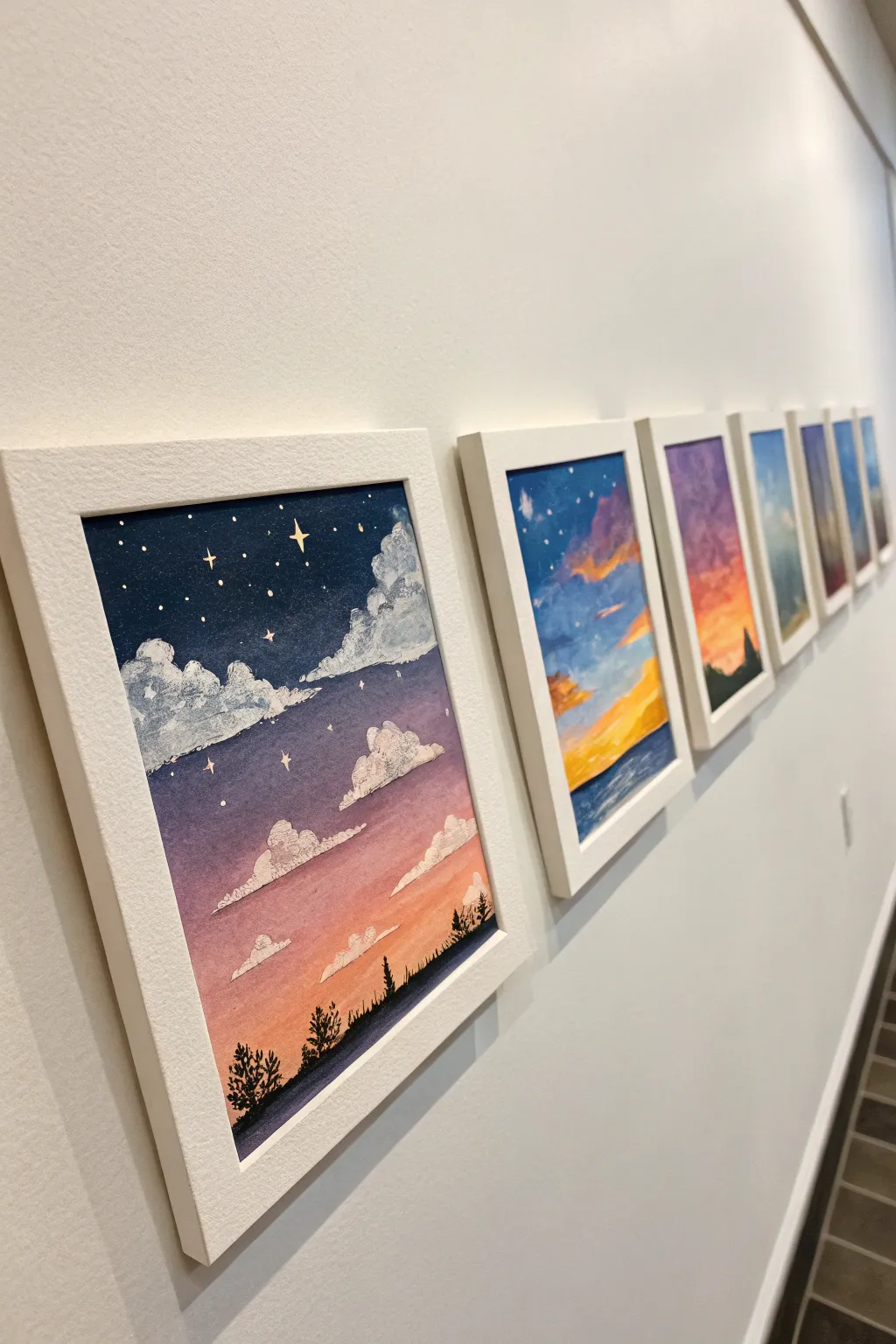 Day-to-night sky mini series: five panels, one horizon, and a smooth gradient from dawn to midnight.