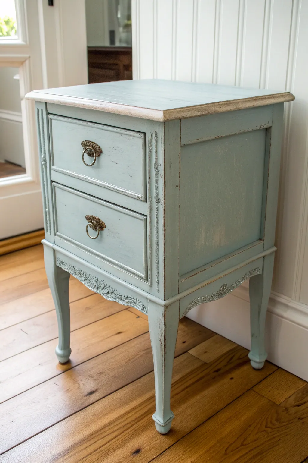 Soft pastel chalk paint and gently worn edges turn a nightstand into shabby chic calm.