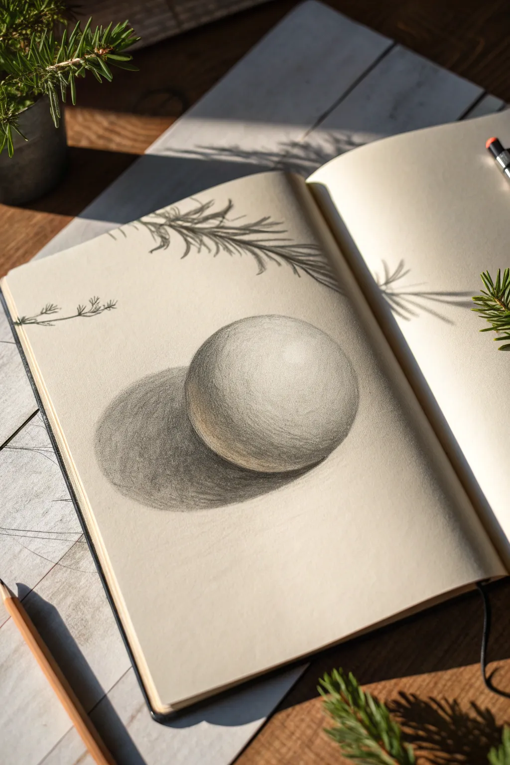 Classic shaded sphere study with clear light direction, smooth gradients, and a soft cast shadow