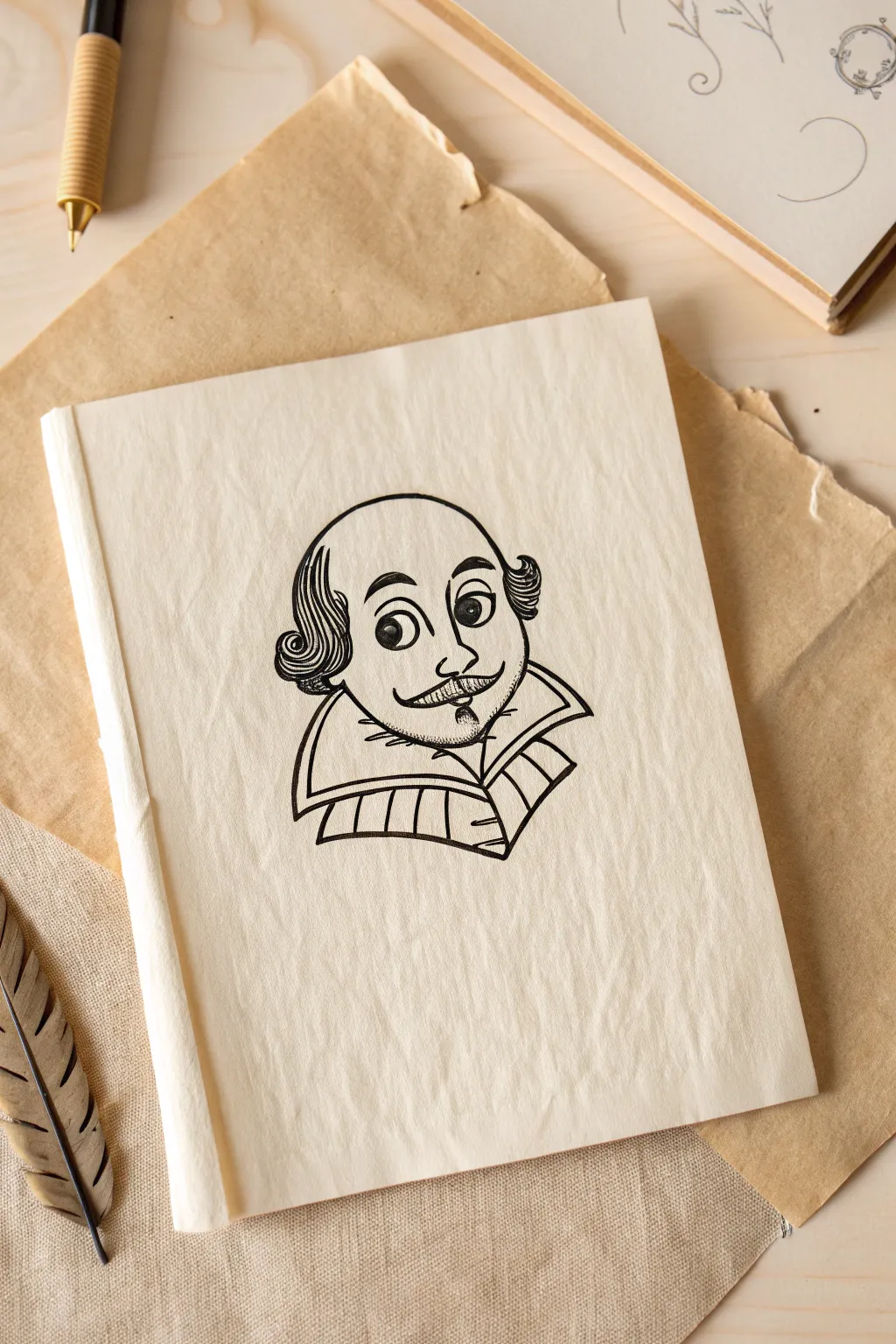 Beginner friendly cartoon Shakespeare head with big eyes, tiny goatee, and scalloped ruff collar
