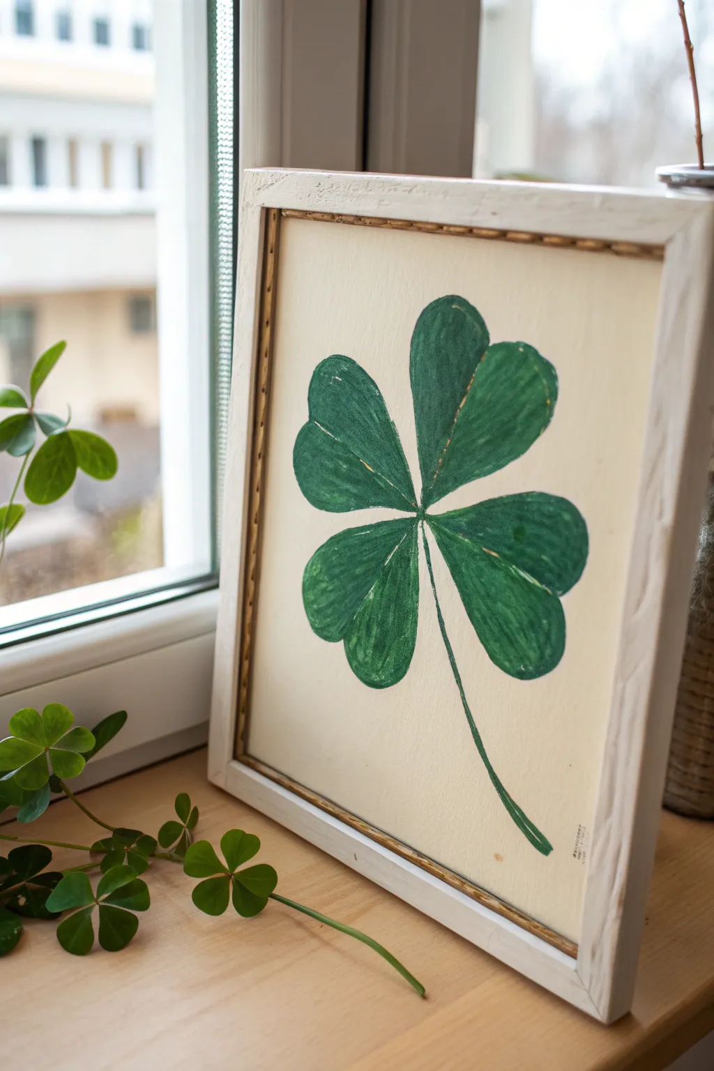Modern shamrock in bold acrylic with crisp edges on a creamy background, minimalist and easy to paint.