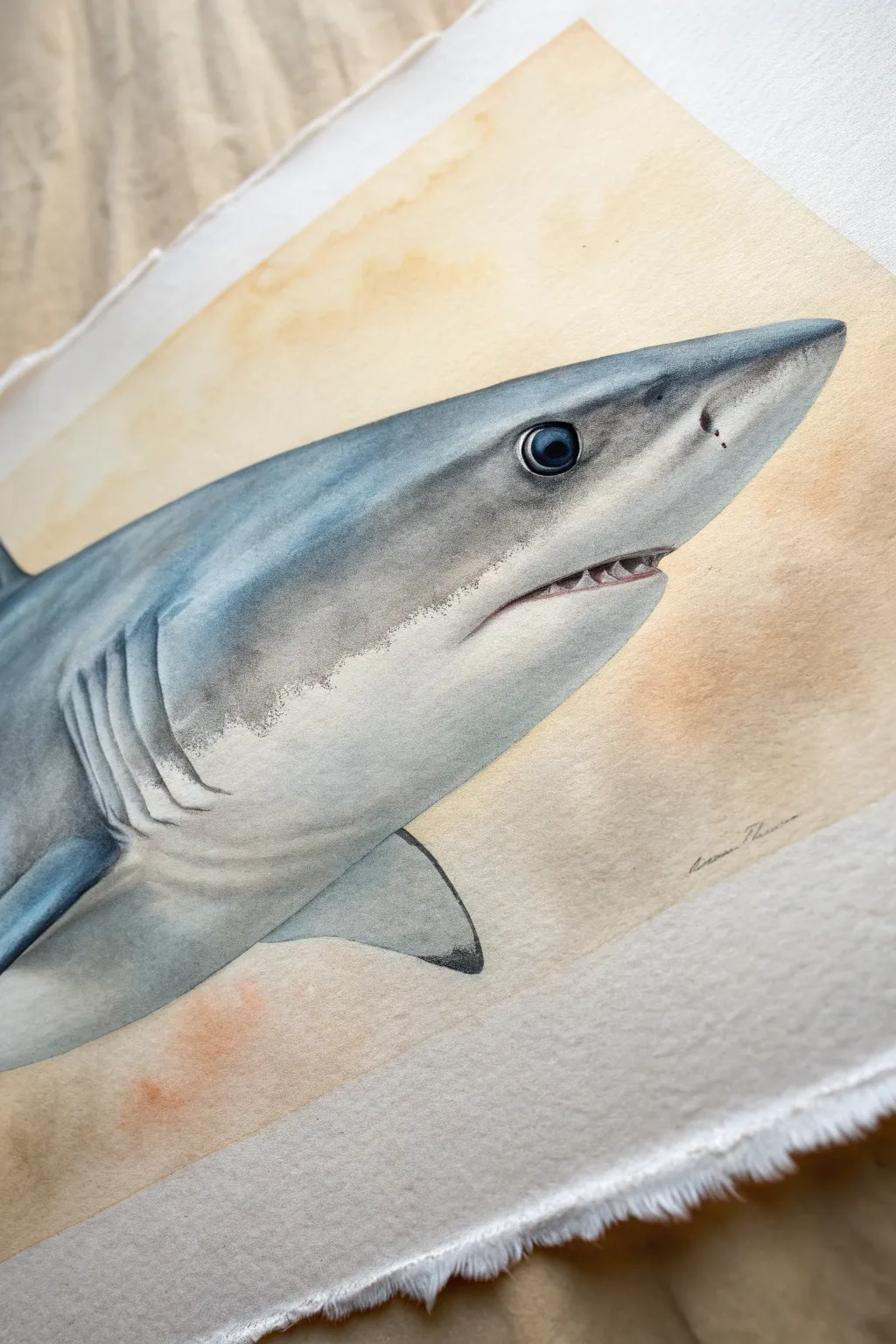 Realistic shark side profile study with soft gray-blue shading and crisp eye detail