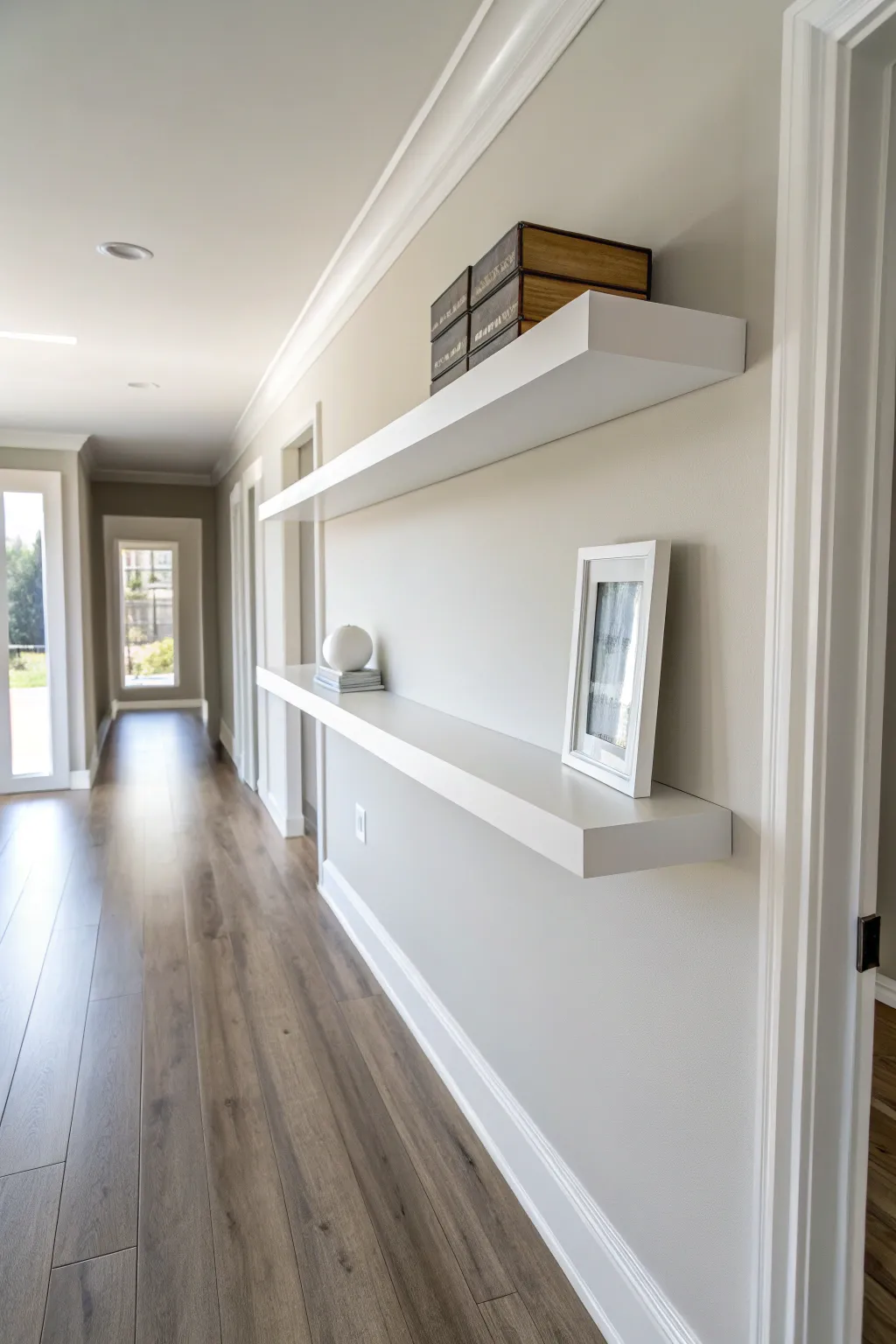 Crisp white shelves with sharp edges and a flawless finish, glowing in soft natural light.