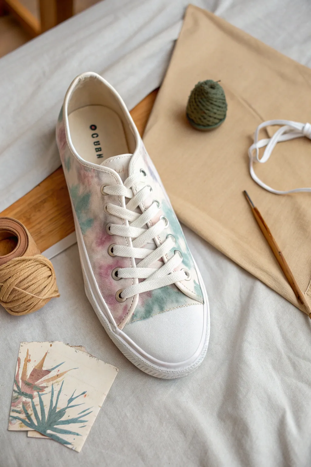 Classic tie dye swirls on canvas sneaker, styled minimalist with rubber bands and linen backdrop.
