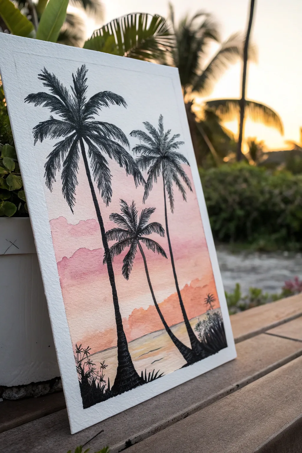 Palm trees at dusk silhouette painting: bold black shapes against a warm, dreamy tropical sky
