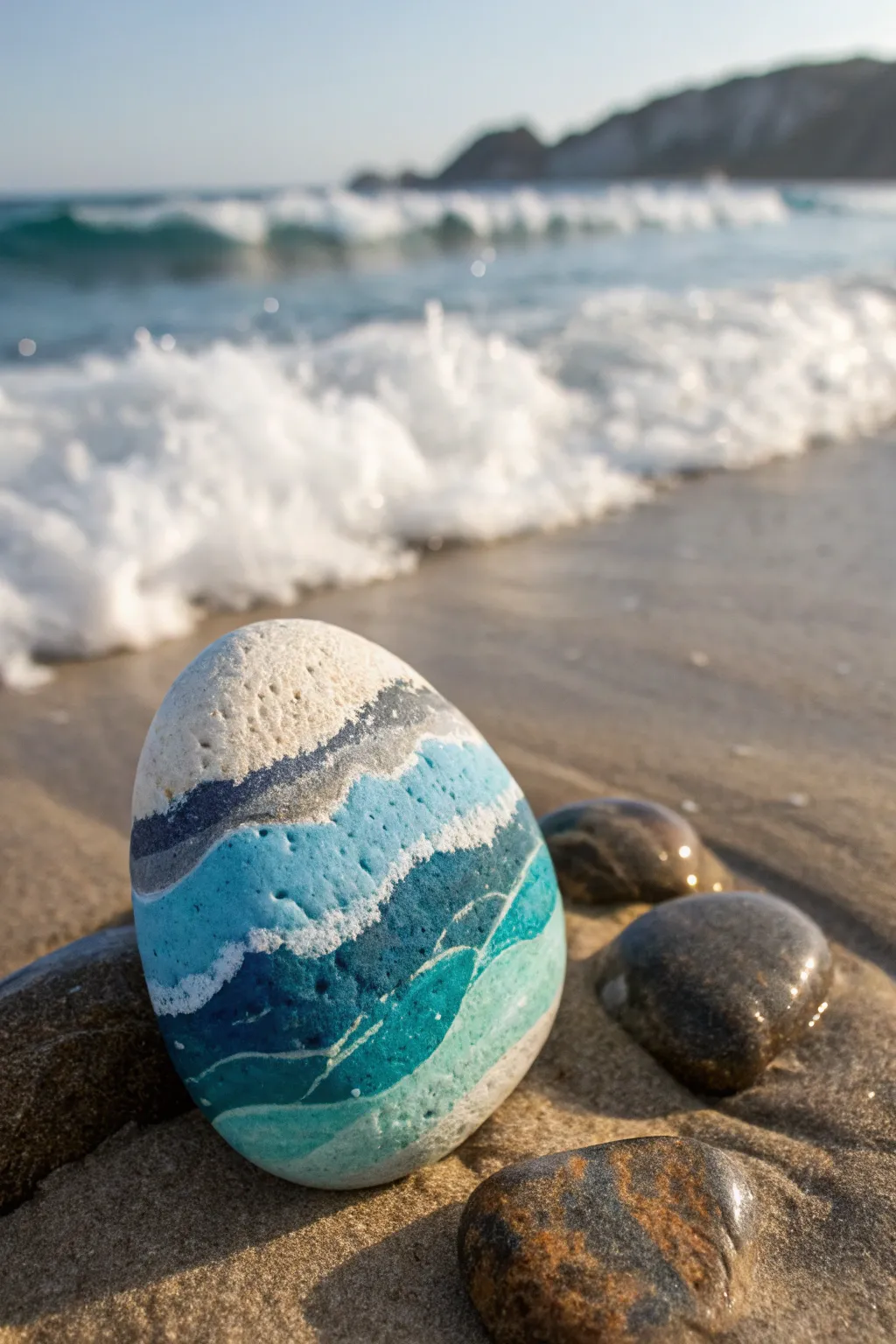 Simple wave foam lines on a beach rock, calming blues and crisp white details for beginners.