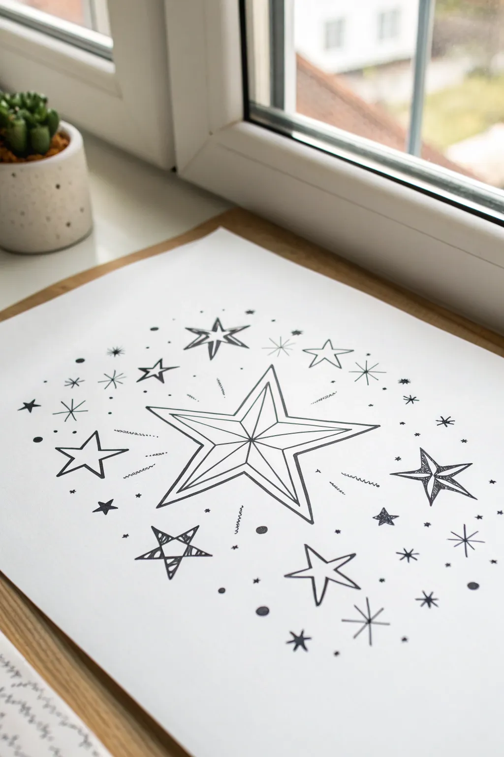 Easy star and sparkle doodles in simple lines on white paper with airy space and bold contrast