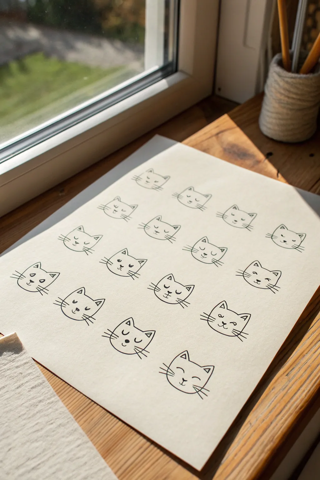 Easy cat face doodles: 6–9 tiny expressions in simple lines, clean, minimal, and cute