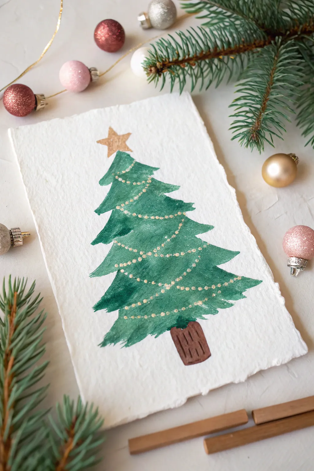 Minimal Christmas tree made with quick green strokes and colorful dot ornaments, clean and cozy