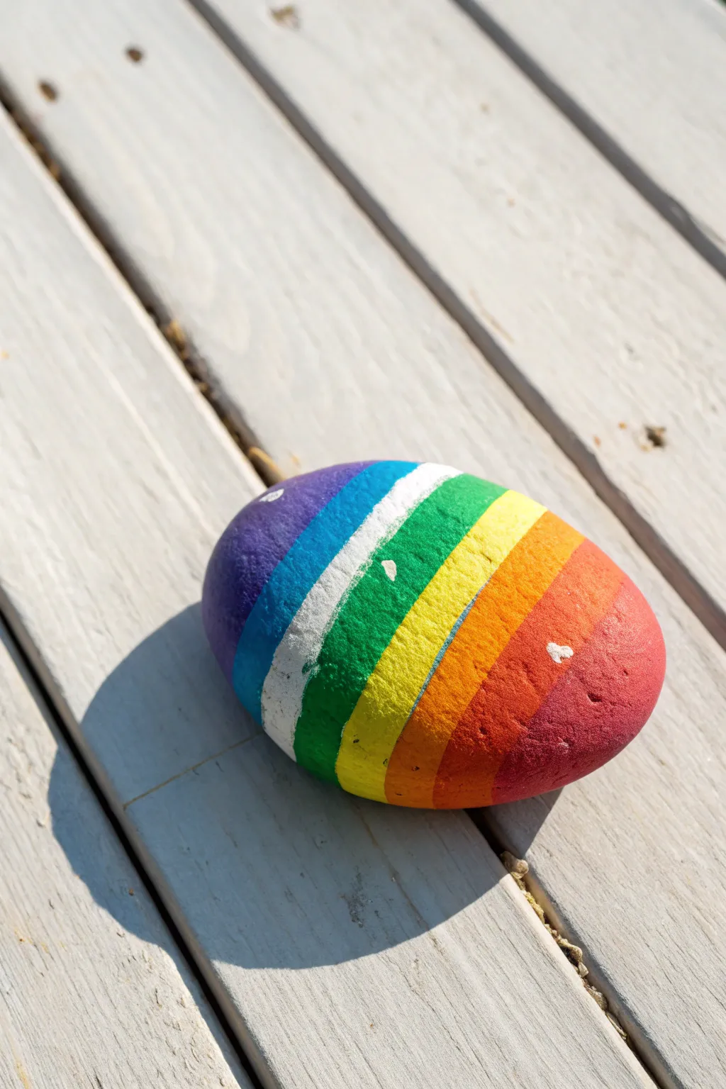Rainbow stripe rock painting idea with clean bands, soft light wood, and minimal boho charm