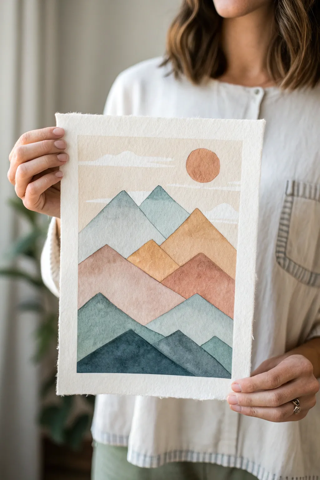 Minimalist layered mountains in muted tones with a tiny sun for a calm boho focal point